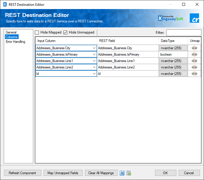 Crelate Rest Destination Component - Columns